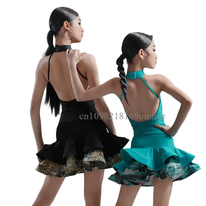 여성 블랙 라틴 댄스 연습 드레스 스트랩 소녀 더블 스커트 댄스 연습 드레스 무대 댄스 공연 의상 세트