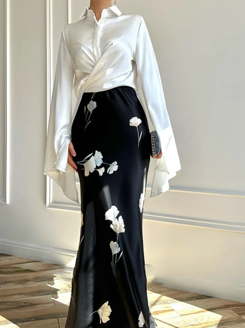 

Элегантные атласные комплекты из 2 предметов. Женская одежда. Весенняя одежда. Женская рубашка с воротником-поло. Топ. Длинная юбка. Комплекты платьев из двух предметов в стиле OL.