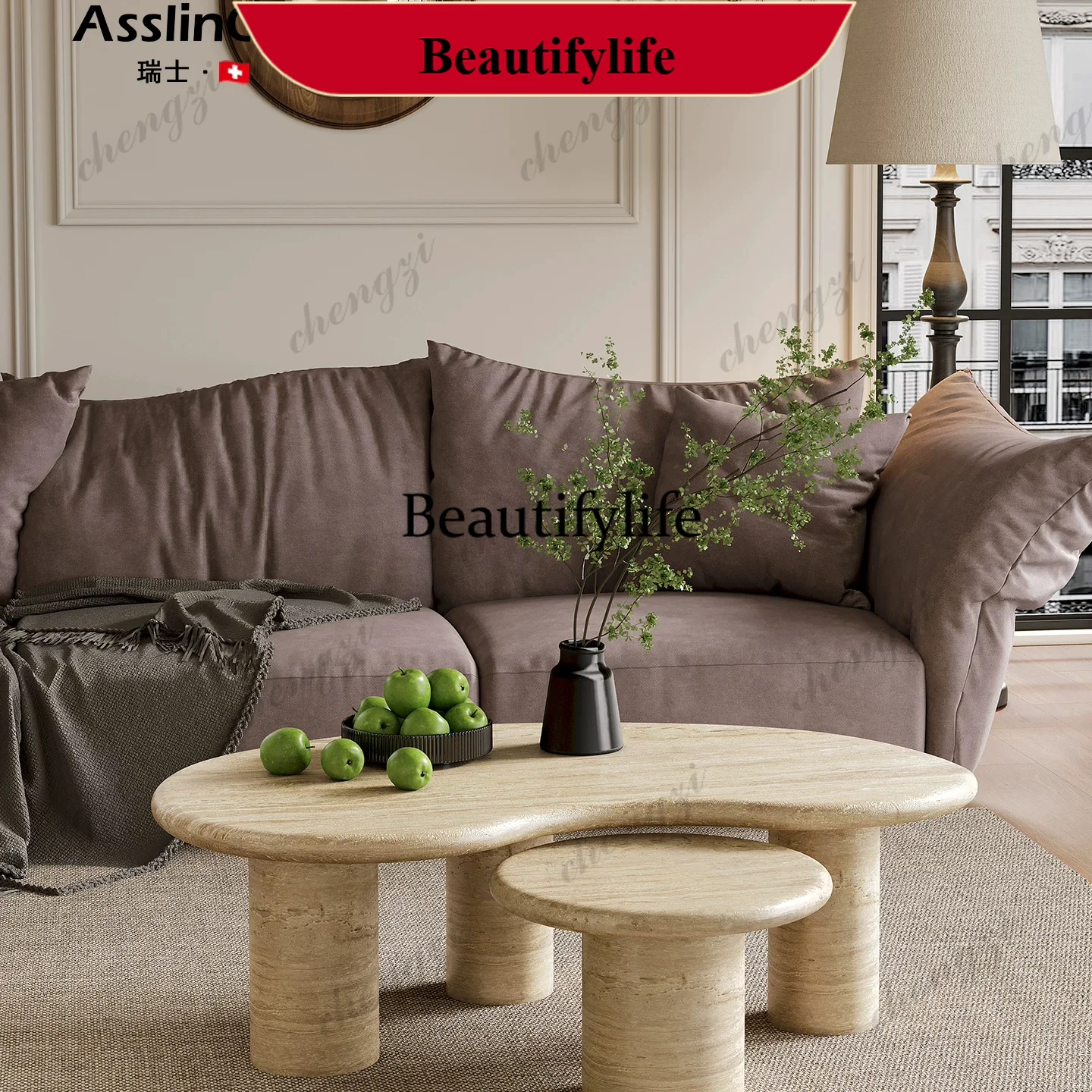 d178 Wabi Sanfeng natural travertine coffee table combination special-shaped side table small apartment living room coffee table