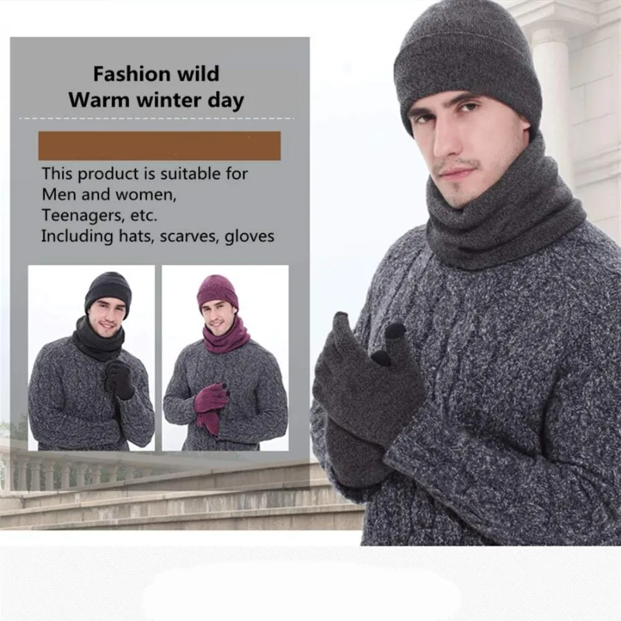Conjunto de cachecol e luvas de inverno masculino, gorro de malha, cachecol mais quente e luva com tela sensível ao toque, 3 peças para homens, ideal para atividades ao ar livre