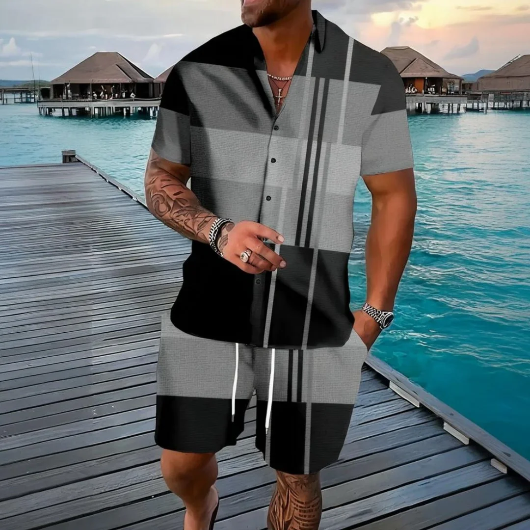 Retro Men's Suit Striped Summer Outdoor Short-sleeved Shirt Fashion Casual Shorts Simple Hawaii 2-piece Men's OverSize Clothing
