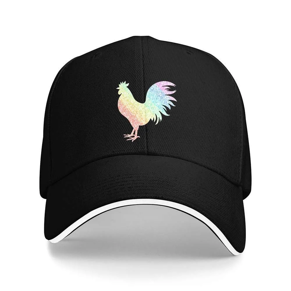 Glitter Rainbow Rooster Baseball Cap Polyester Adjustable Outdoor Casual Hat Unisex