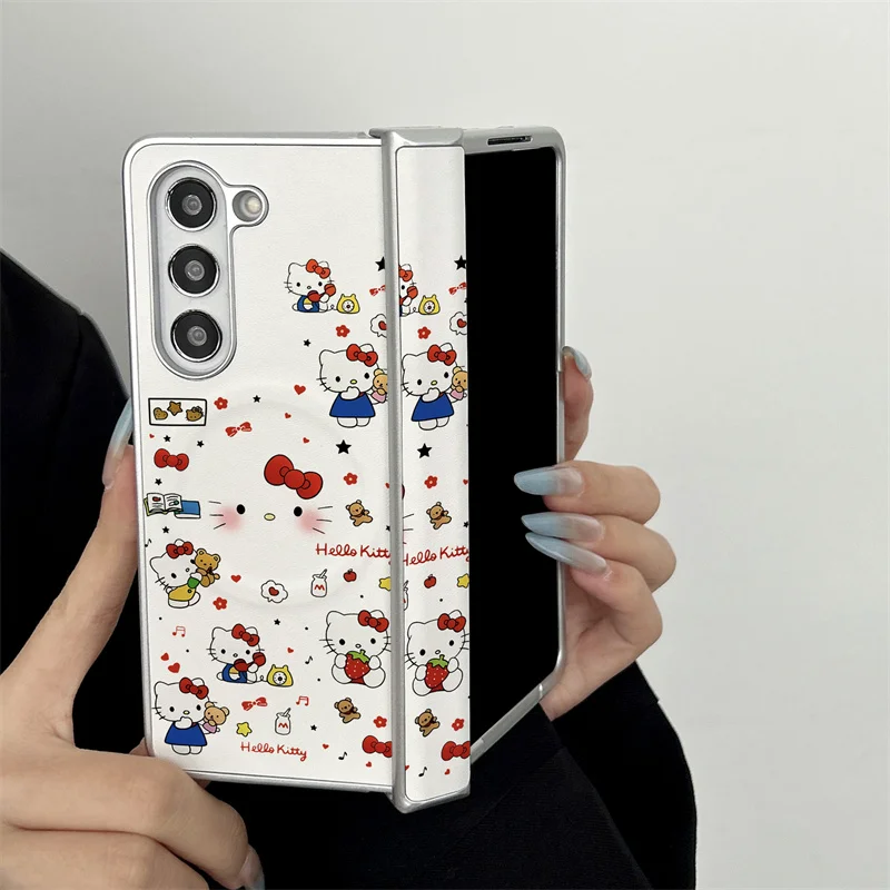 

Cute Hello Kitty Magnetic Phone case For Samsung Galaxy Z Fold 4 5 6 7 Shockproof Hard Protective Cover Galaxy W26 5G For MagSaf