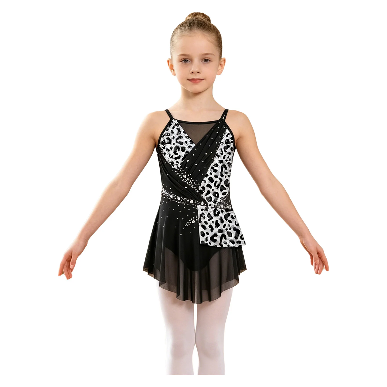 Ballett-Trikots für Mädchen, lyrisches Tanzkostüm, Leopardenmuster, mit Strasssteinen, Gymnastik-, Eiskunstlauf- und Tanzkleidung. – Detail 11