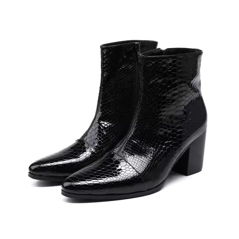 Italian Men Boots 7 CM High Heels Genuine Leather Black Snake Skin Ankle Knight Boots Man Handsome Botas Hombre Party Wedding