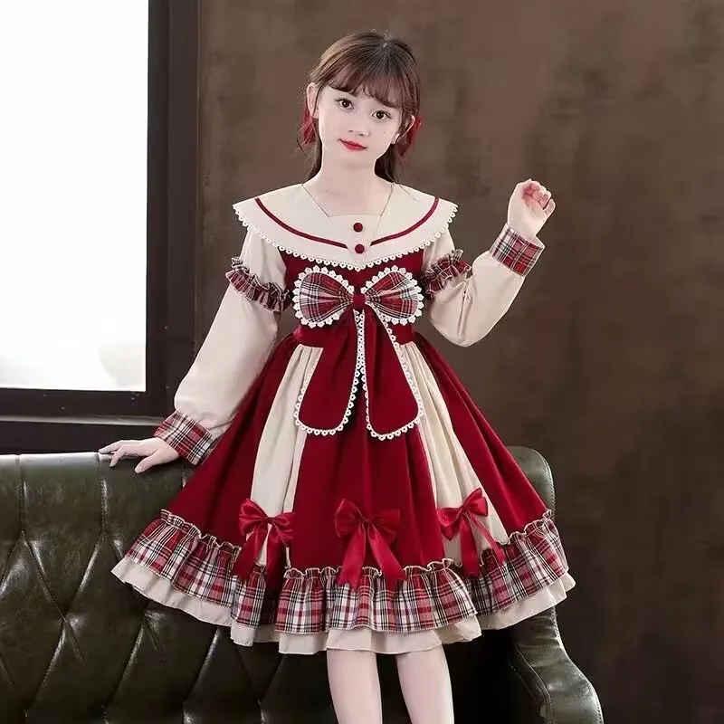 Menina lolita vestido de princesa nova saia de manga longa roupas de primavera das crianças hanfu estilo universitário elegante vestido de manga curta