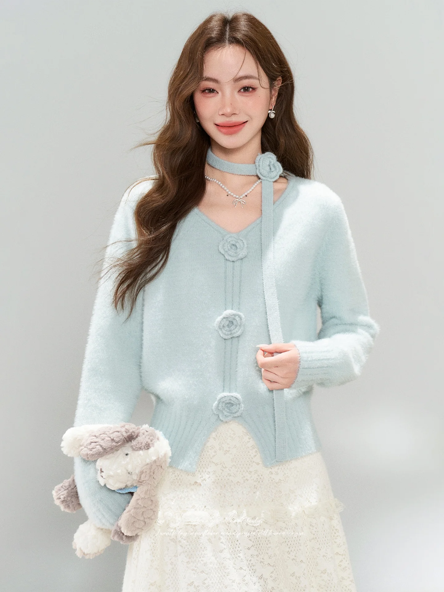 

Женский осенне-зимний вязаный свитер с Sa 3D цветочным дизайном для внутренней и верхней одежды Sweet Sle Loose Fit V-Ne Long Sve