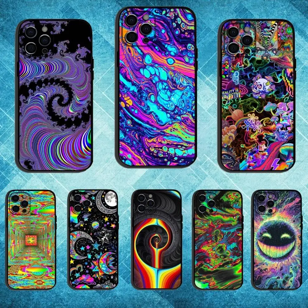 

Colourful Psychedelic Trippy Art Phone Case For iPhone17,16,15,14,13,12,11 Plus,Pro Max Soft Black Cover