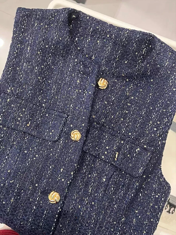 2025 Woman Fashion Tweed Texture Vest Casual Slim Versatile Women Single Breasted With Belt Tank Tops Summer Outerwear