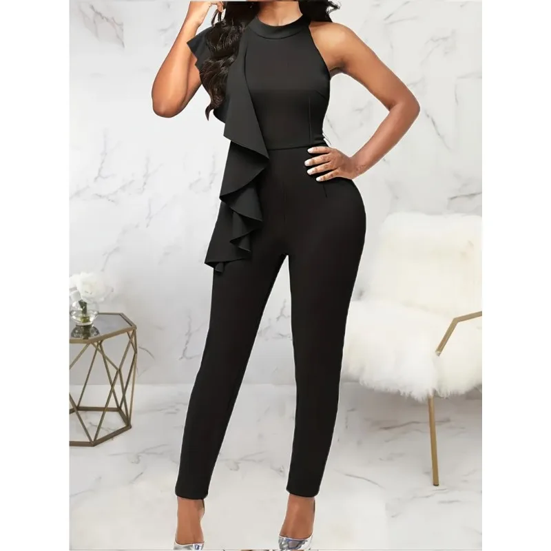European and American Autumn New Fashion Women's Sleeveless Halter Neck Slim Fit Ruffle Jumpsuit