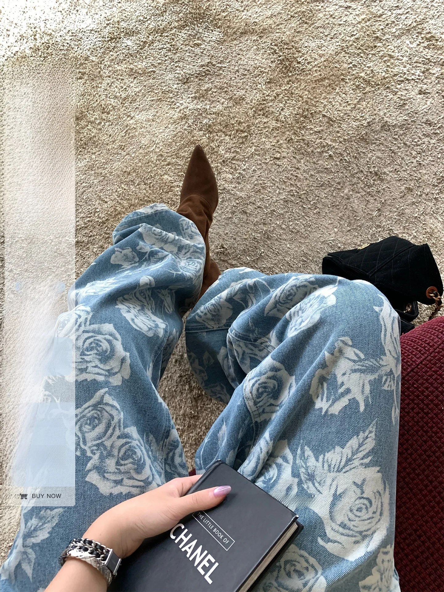 

Bankelili Rose Floral High Waist Loose Wide Leg Straight Jeans Women's Casual Cotton Denim Pants Vintage Print Daily Wear