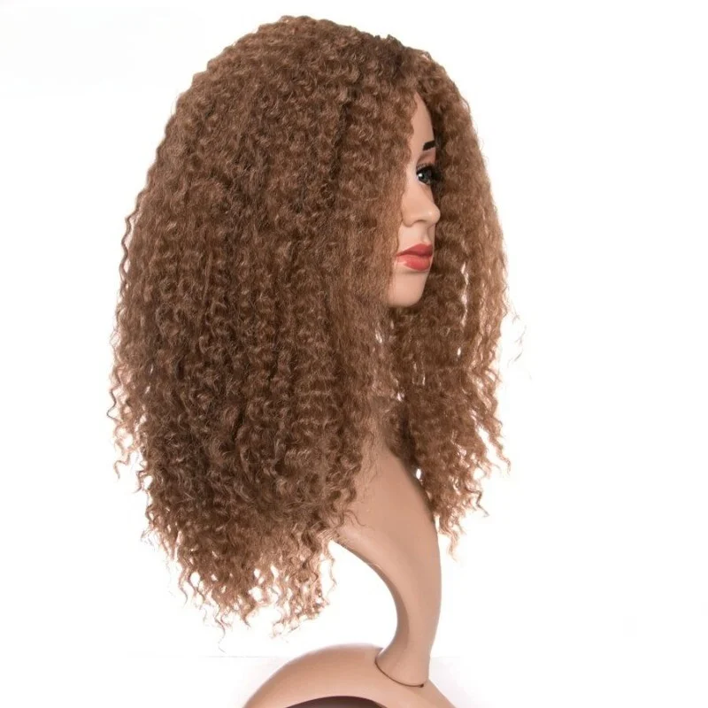 أنثى طويلة 20 بوصة براون المرأة شعر مستعار مجعد + قبعة Win