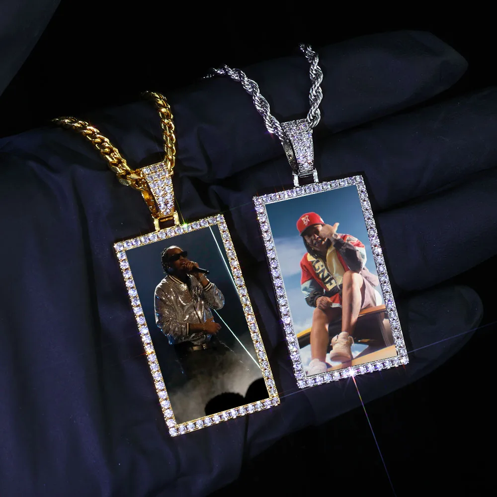 Custom Made 25mm Photo Medallions Solid Necklace Picture Memory Hip Hop Jewelry Gold Plated Iced Cubic Zirconia Square Pendant