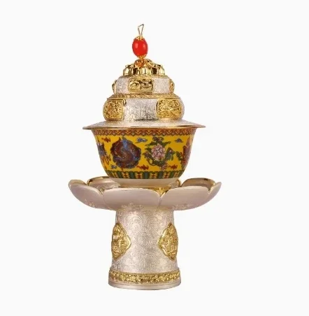 Porta tè tibetano, tazza per acqua sacra omaggio in lega di gemme intarsiate, ciotola in porcellana con pittura Tatrica, altari buddisti decorativi da tavolo