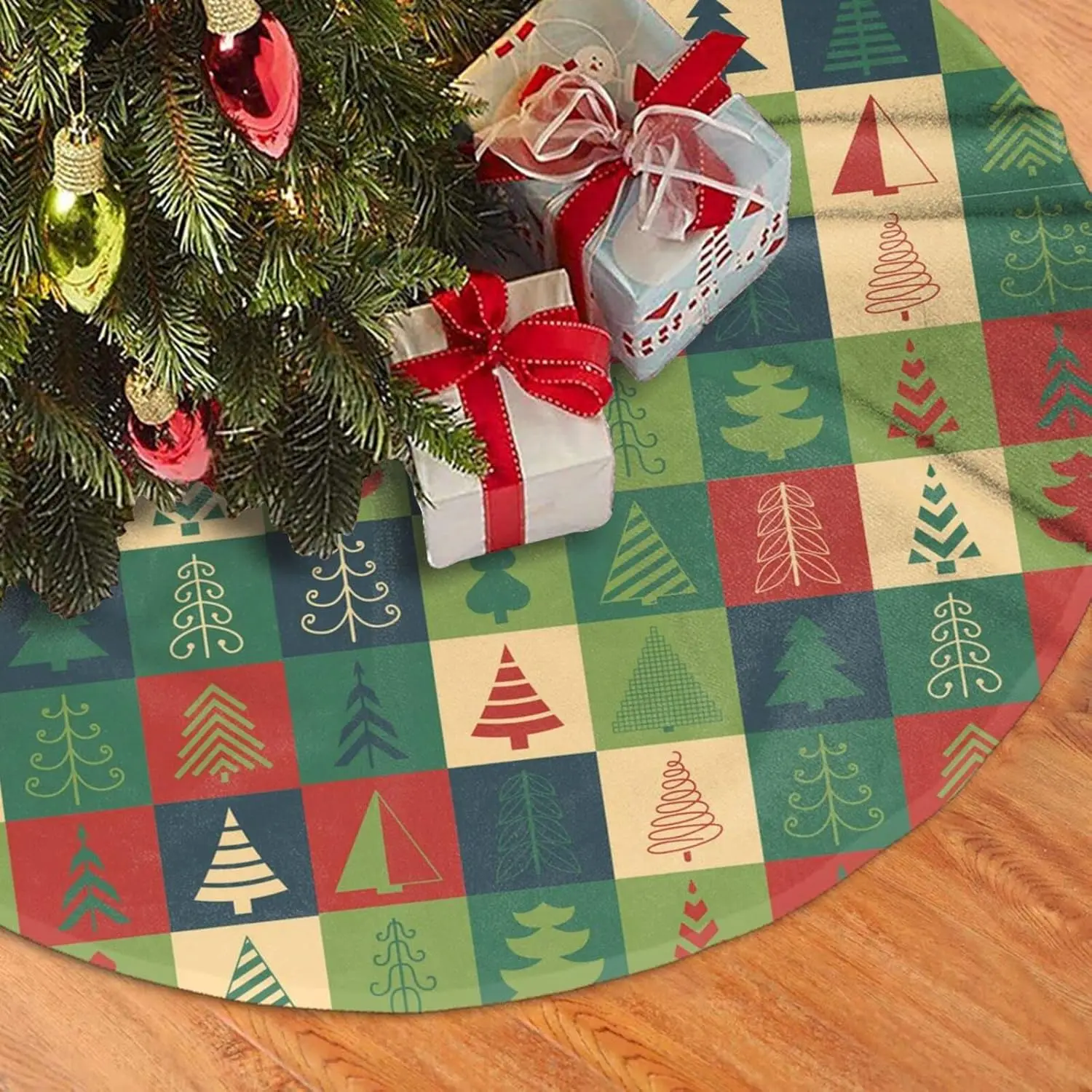 Red Green Checker Chess Square Vintage Christmas Tree Skirt 36