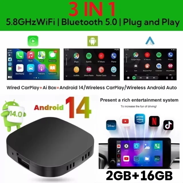 CarRocket 2026 Android 14 CarPlay Ai Box Wireless Android Auto 3in1 USB Adapter For Youtube Netflix Universal TV Box Plug & Play image 3