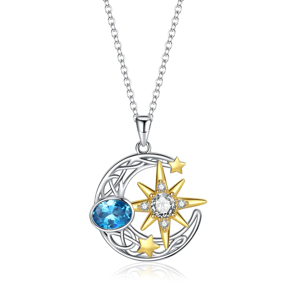 

925 Sterling Silver Sun And Moon Star Necklace With Cubic Zircon Celtic Symbols Women Unique Creative Sun Moon Star Stone Choker