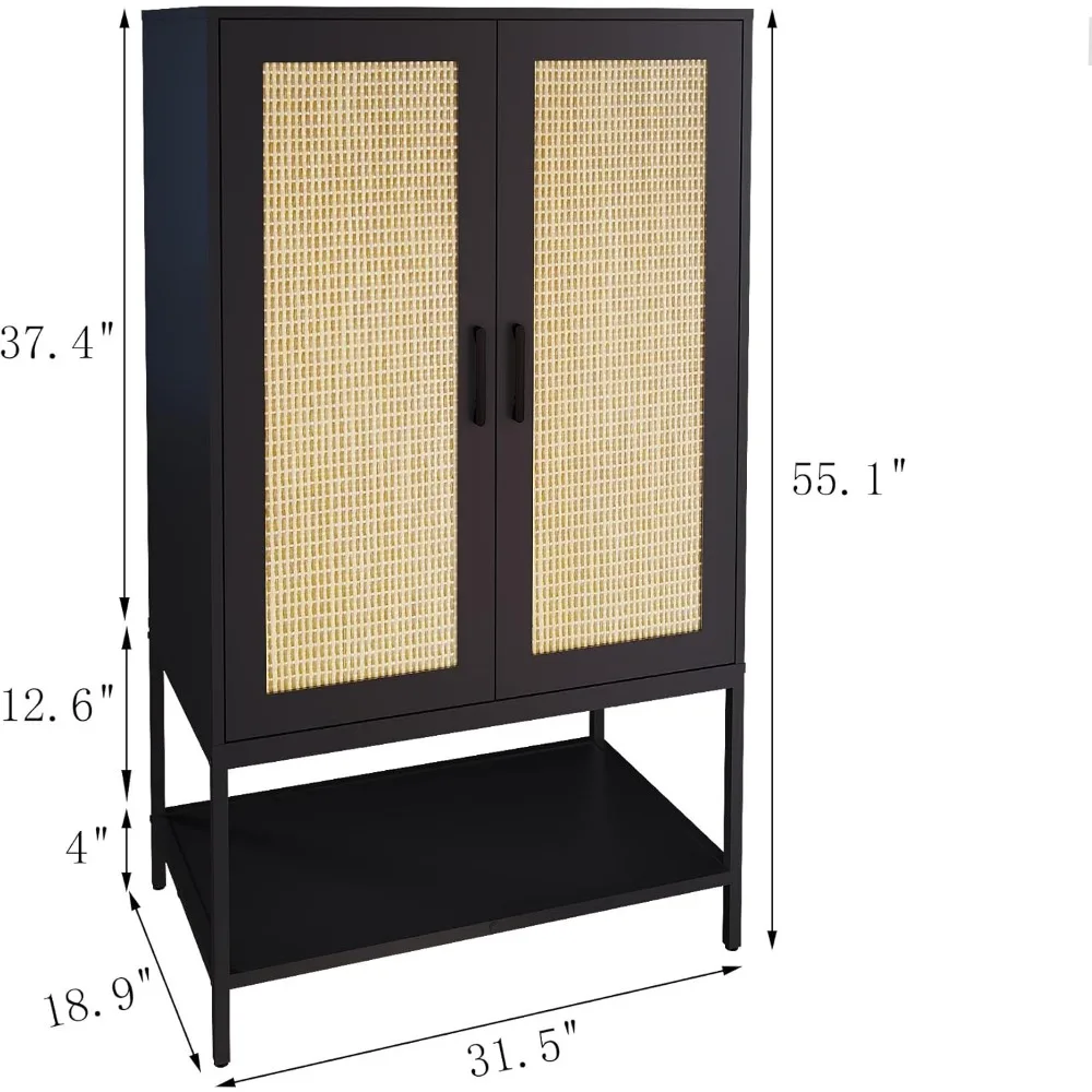 Armário de guarda-roupa, armários de quarto de vime com 2 portas, armário de guarda-roupa de madeira com prateleiras e haste de suspensão para roupas, preto