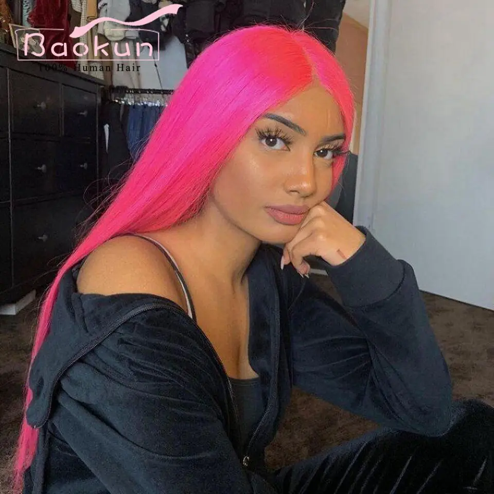 13x6 Hot Pink Straight Lace Front Human Hair Wigs HD Transparent Lace Frontal Wig Pre Plucked 13x4 Lace Front Wigs For Women