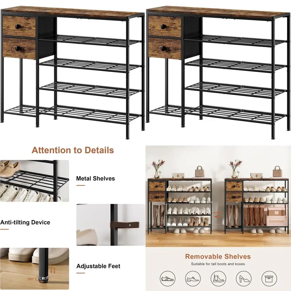 

Rustic Brown 5-Tier Shoe Rack with Fabric Drawers, Metal & Wood, Holds 16-20 Pairs