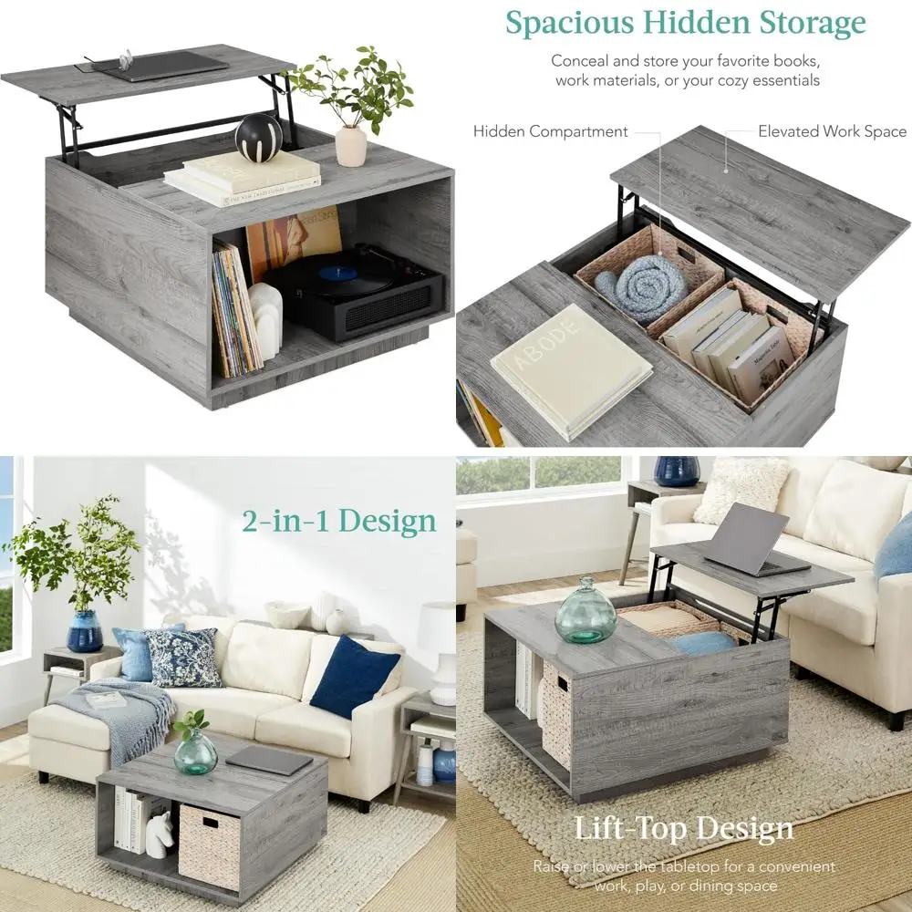 

Современный квадратный журнальный столик в деревенском стиле с подъемной столешницей и скрытым хранилищем для гостиной