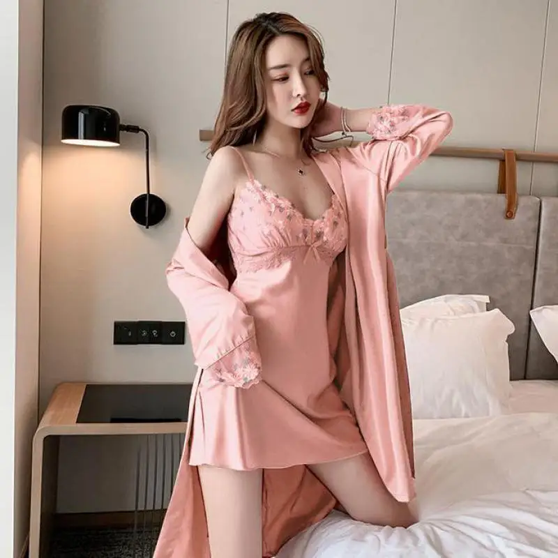 Lace Flower 2PCS Kimono Robe Set Female Sleepwear Intimatye Lingerie Loungewear Bathrobe Gown Satin Homewear Nightwear