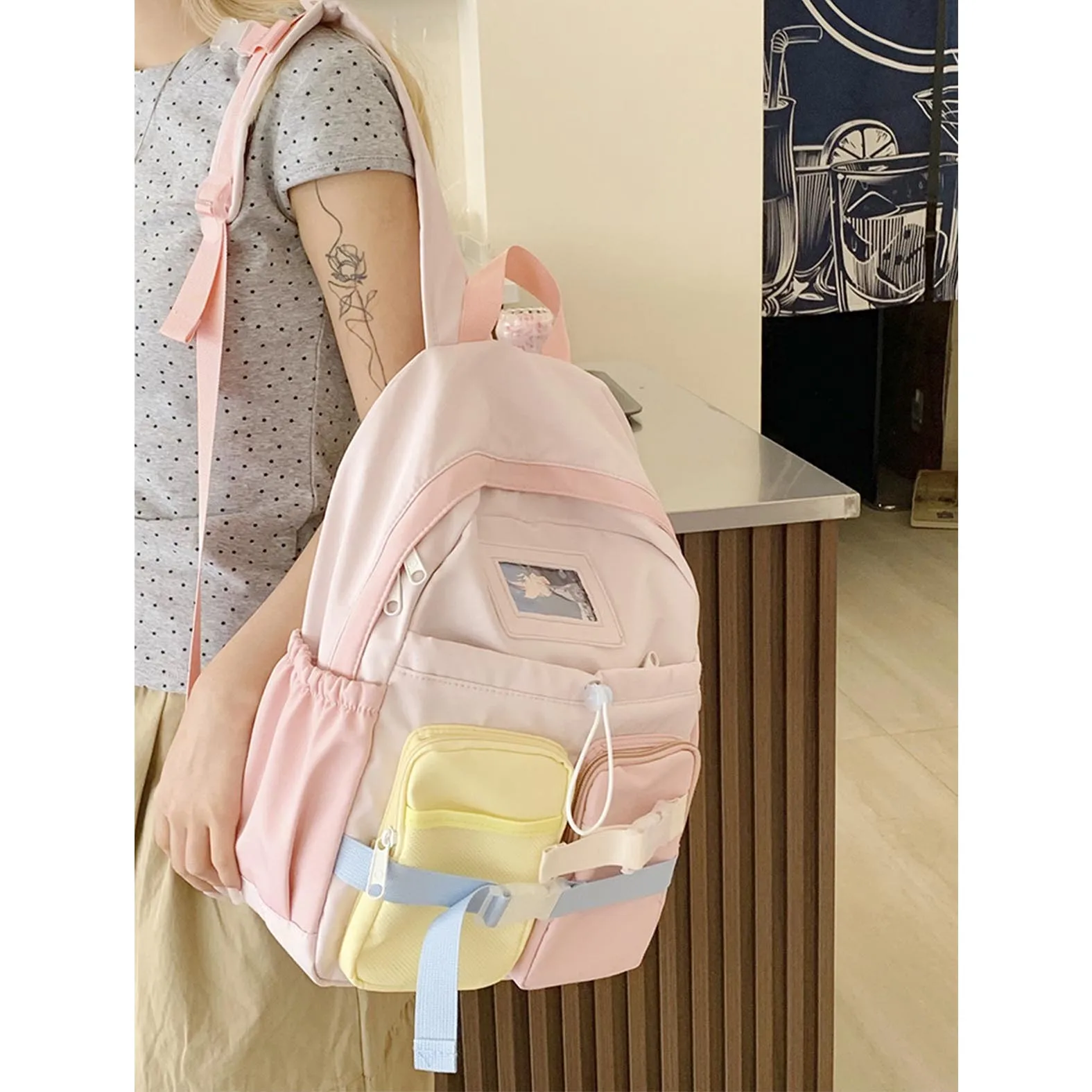 

French college style backpack, versatile for women, color blocking, large capacity backpack, student computer backpack