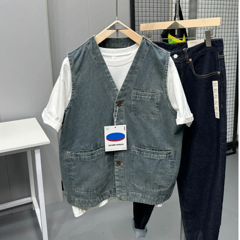 American Vintage Ethnic Style Lining Trendy 100% Cotton Washed Unisex Layered Workwear Denim Vest Casual Sleeveless Tank Top