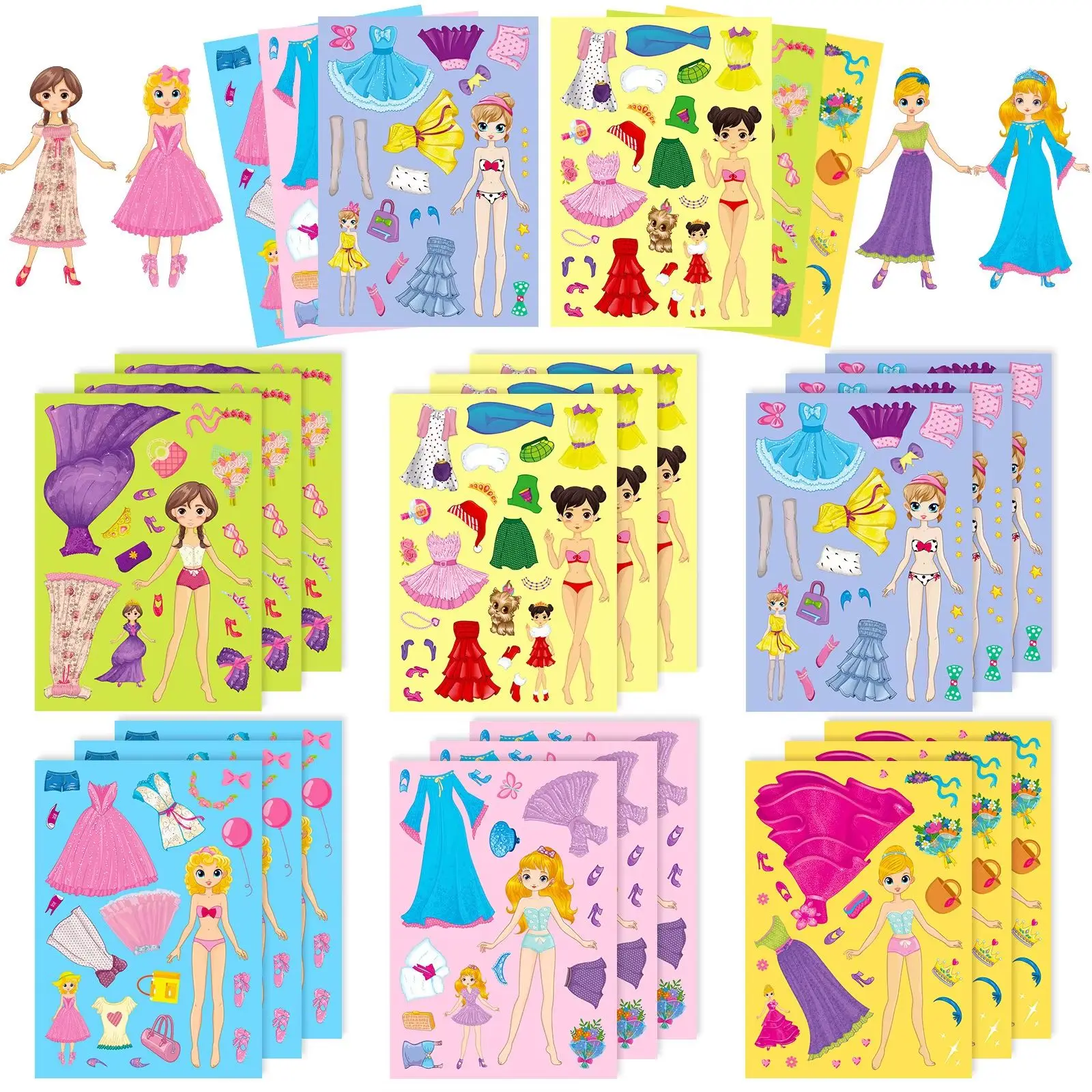 6PcsPink Princess Face ChangerSticker Little Girl Cartoon Cute DIY Princess Make a face Puzzle Sticker