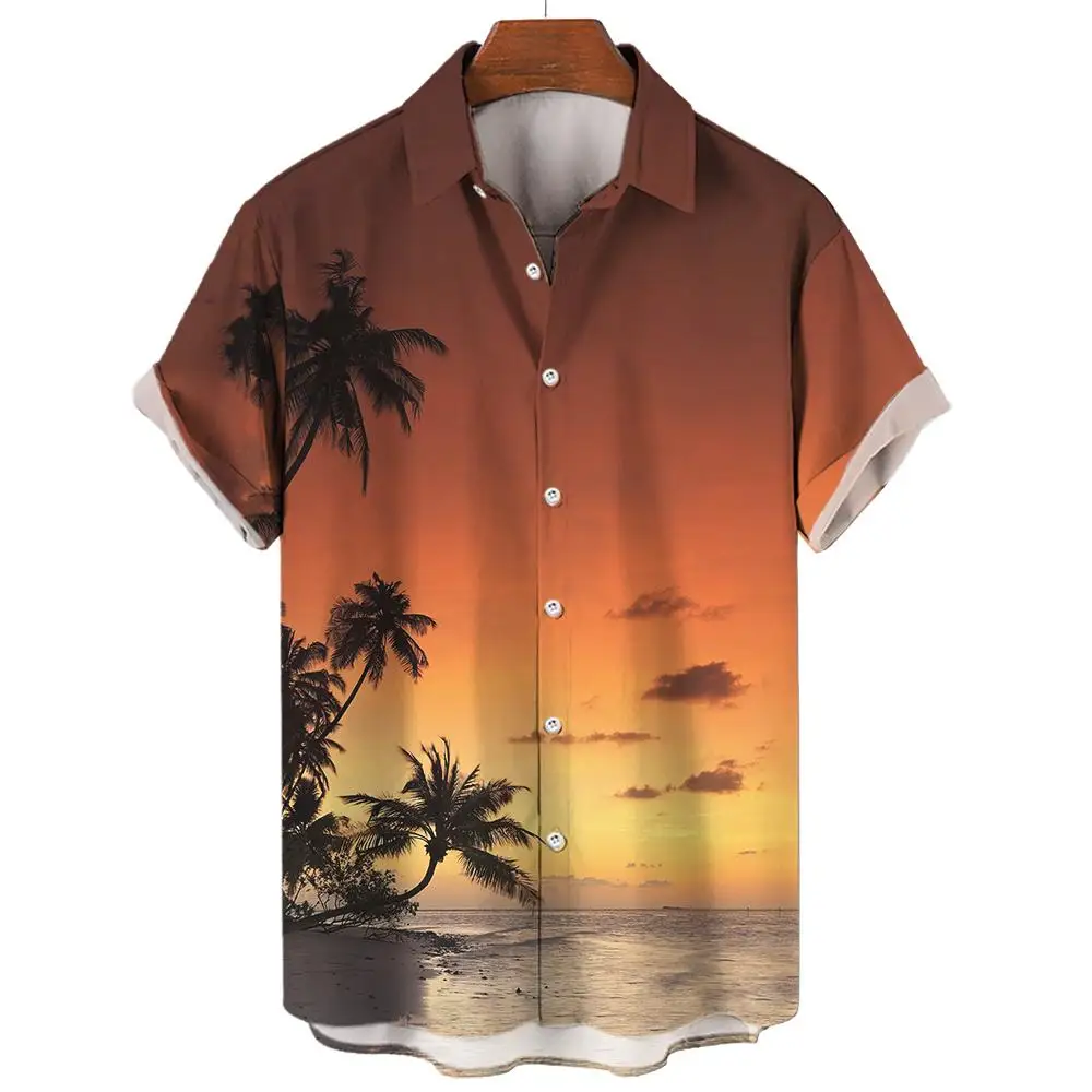 Kemeja Hawaii untuk pria, kaus pantai kasual lengan pendek tropis kancing bawah pakaian motif 3D untuk pria liburan musim panas