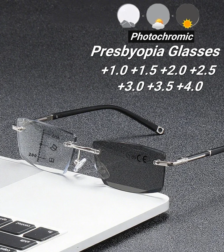 

New Business Frameless Multifocal Photochromic Men's Presbyopia Glasses with Neutral and High-quality Anti Blue Light Properties