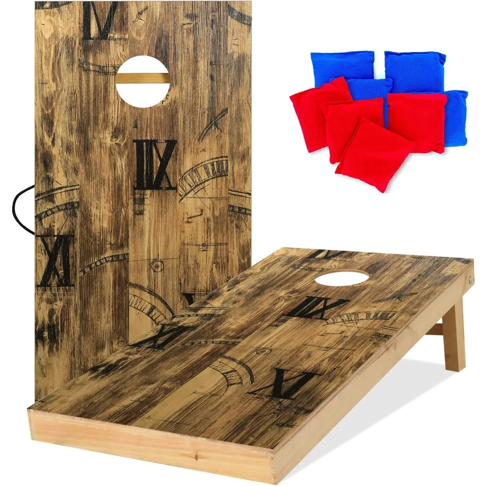 Solid Wood Regulation Size Cornhole Set Portable Bean Bags Toss Game with Durable Wood Grain Printed Surface