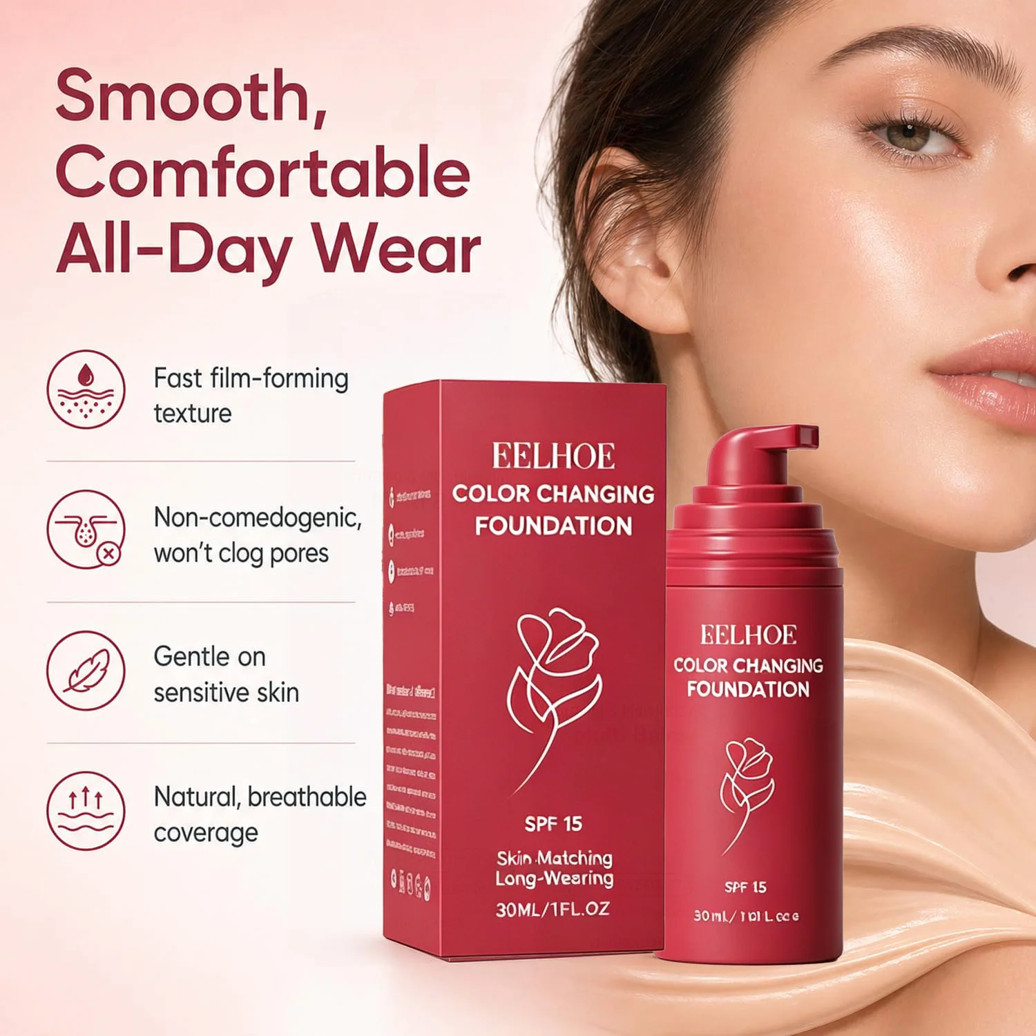 Korean Color Changing Foundation for Mature Skin SPF 15 Hydrating Liquid Concealer for Fine Lines & Wrinkles Dewy Natural Finish