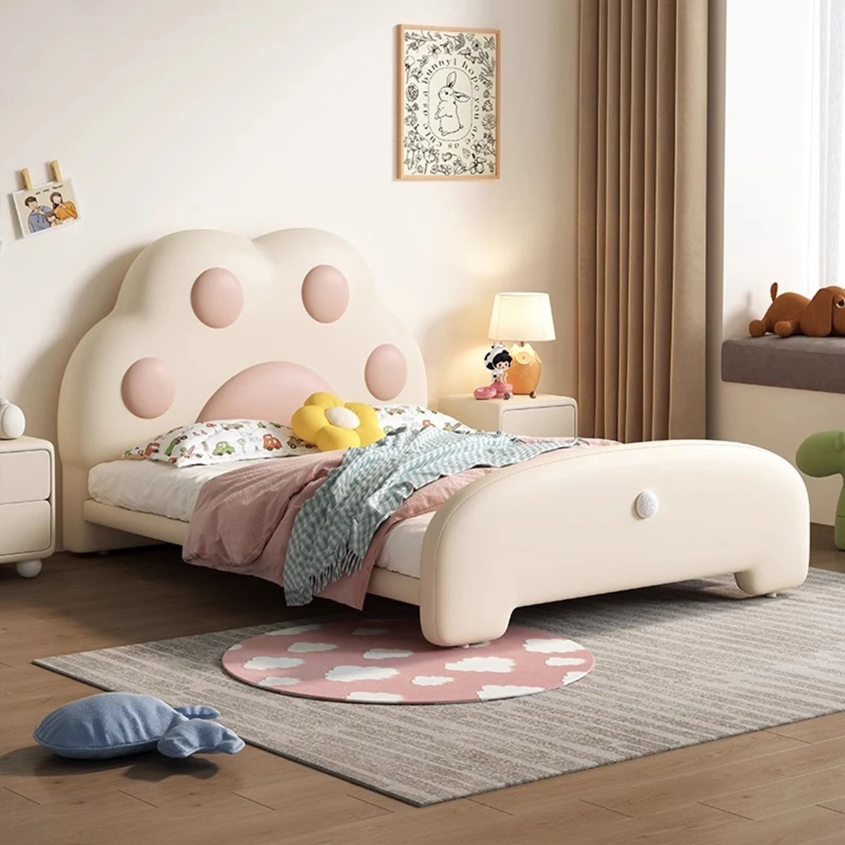 

#For cat claw children's bed cute cartoon modern soft leather children's bed set creative cushion with storage