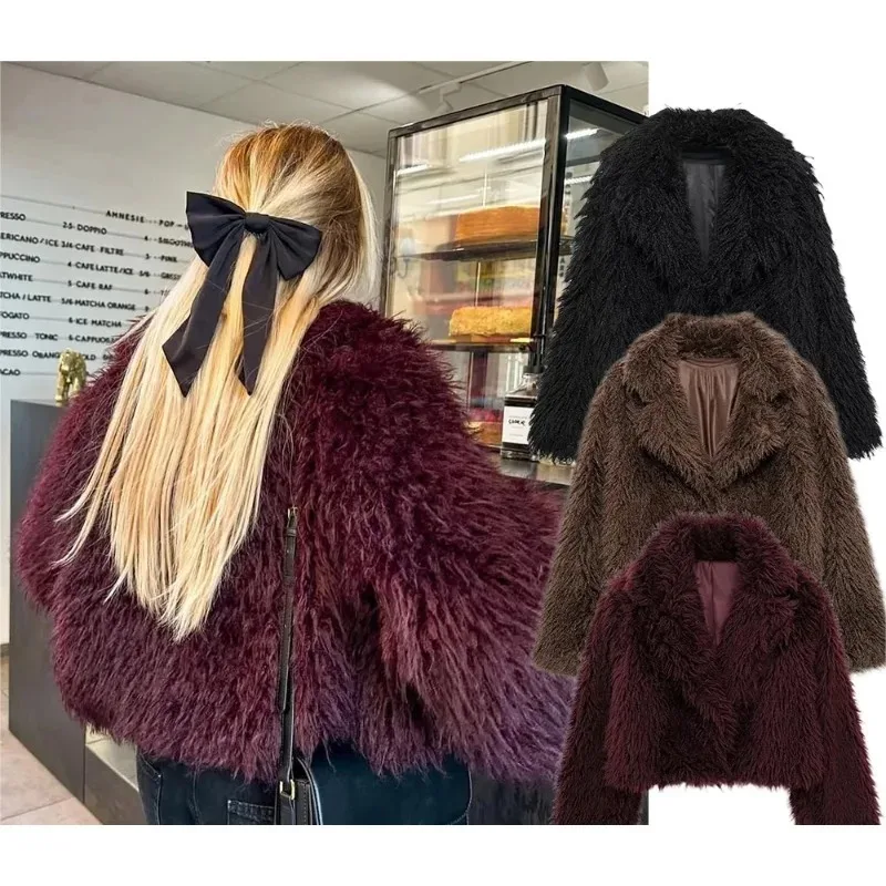 

2026 Autumn Winter OutwearsCasual Chic Bordeaux Red Faux Jackets Women Long Sleeve Short Thick Soft Coats Fashion