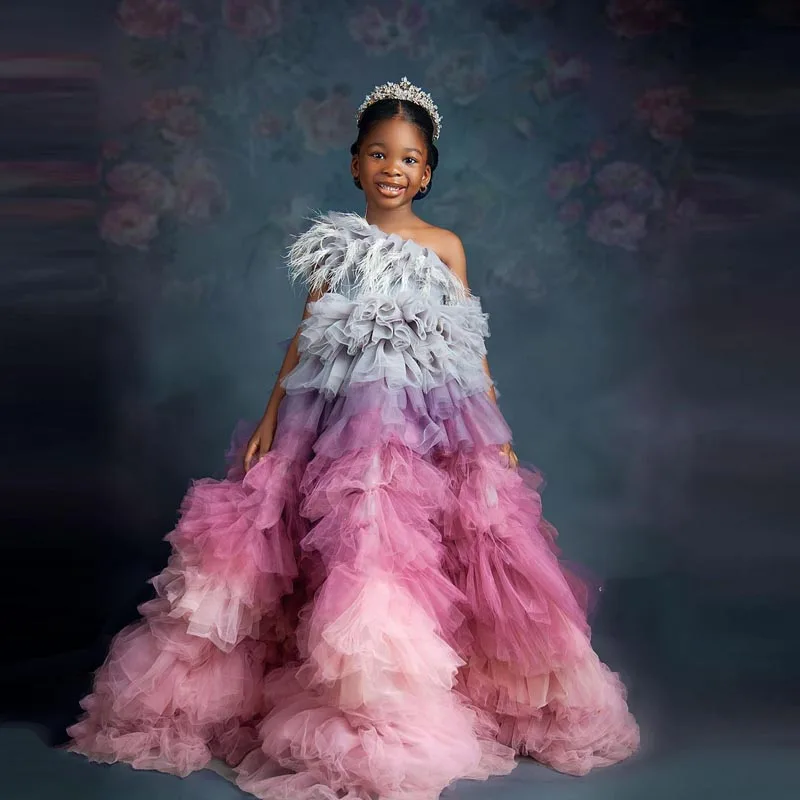 Newest Colorful Tiered Ruffled Tulle Dresses For Girls Pretty One Shoulder Long Floor Length Tulle Dress With Feather Kids Dress