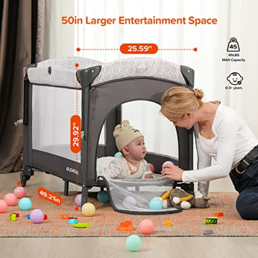 4 in 1 Wide Baby Bassinet Bedside with Diaper ChangerLong Next to Bed Crib with Mattress Sheet Music and Blackout Cover Playpen