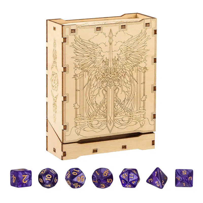 

Wooden Dice Storage Box with Drawer Style Warrior Pattern 7pcs Plastic Polyhedral Dice RPG Player Dice Organizer Case