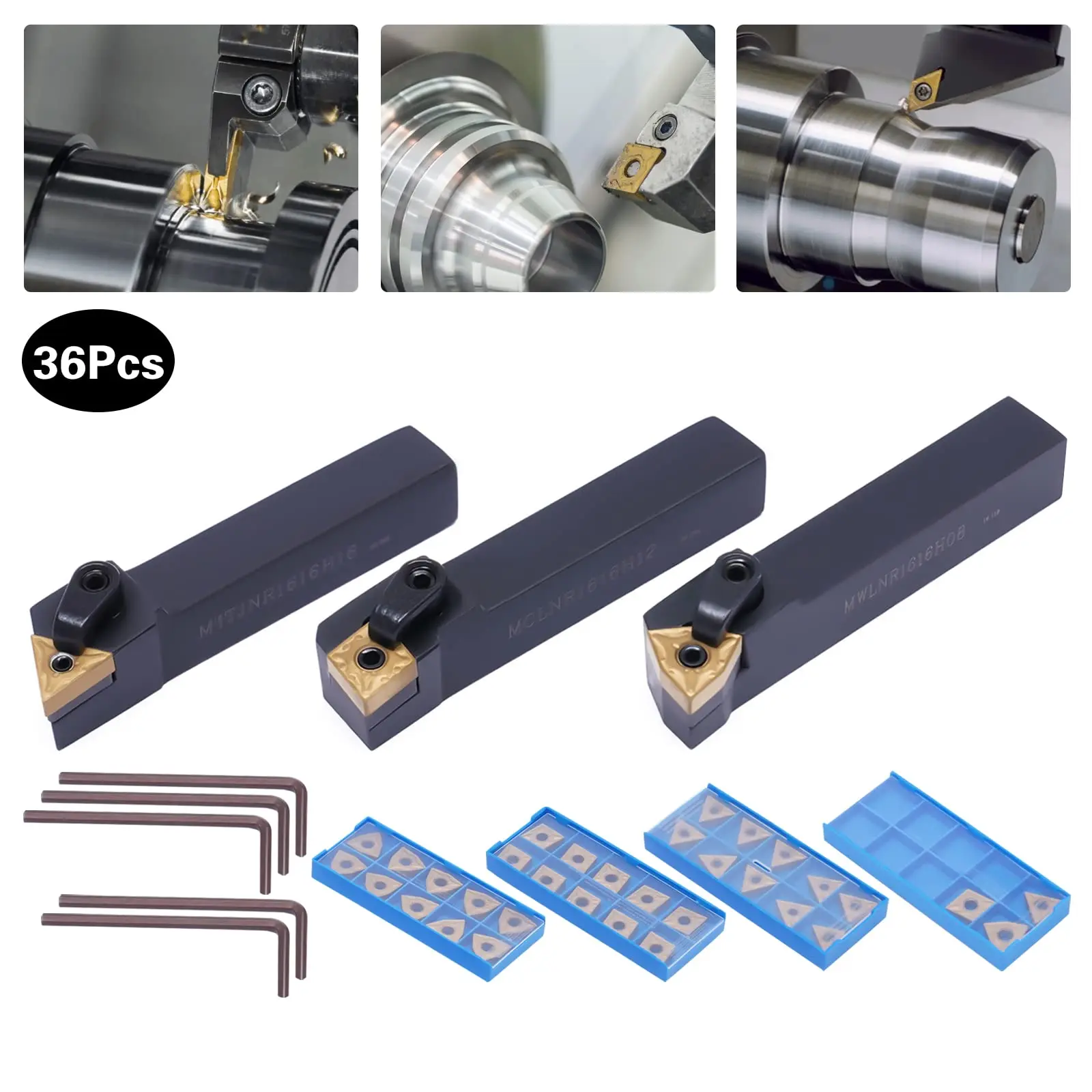 3 soportes de inserción para herramientas de torneado + juego de torno de carburo Indexable de 33 piezas, KPfaster MTJNR1616H16 + MWLNR16H08 + MCLNR1616H12 con C