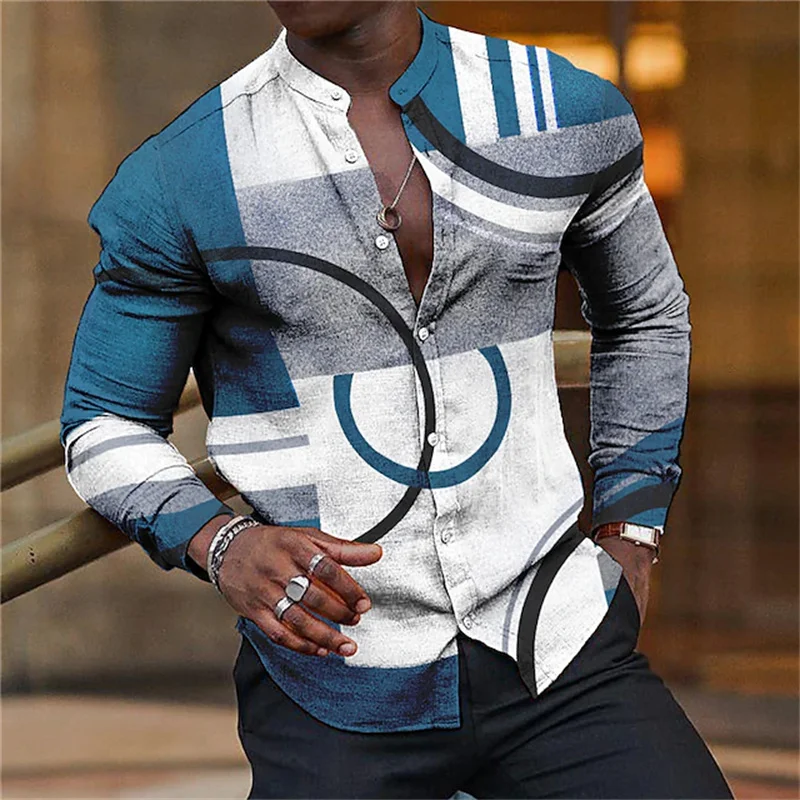 

New Impression on the Shirt Graphics of Men's Round Neck Single Button Shirt Geometric Bluish-grey Long-sleeved Shirt Spring Top