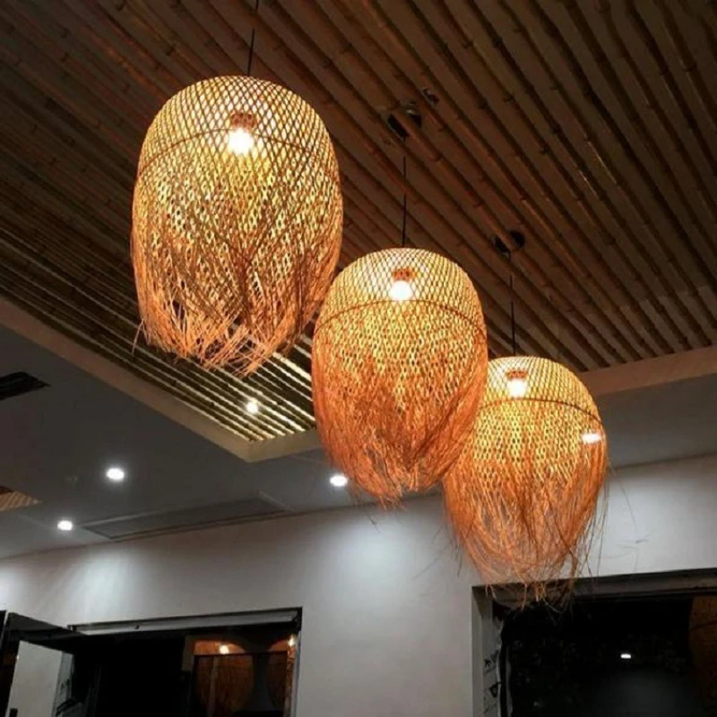 Southeast Asian Retro Hand Woven Bamboo Pendant Light Individuality Artistic LED Hanging Lamp Restaurant Kitchen Cafe Chandelier