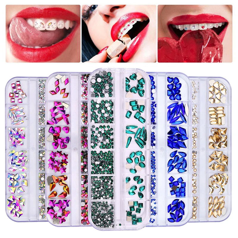 12-Grid Dental Tooth Gems Crystal Ornament Diy Tools Various Shapes Color Teeth Jewelry For Denture Acrylic Dental Acc