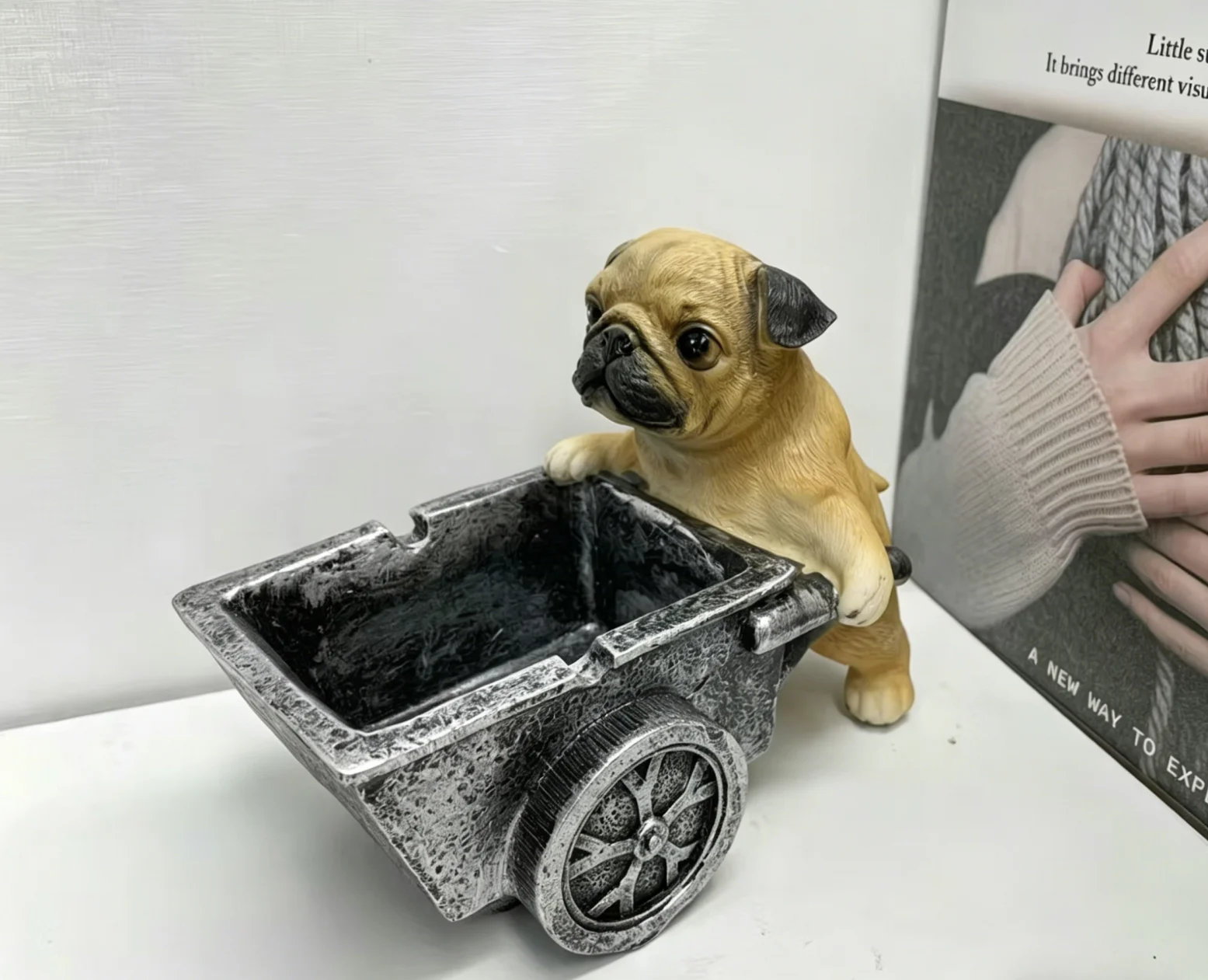 Cute Pug Resin Planter with Cart, Creative Succulent Flower Pot for Garden Patio Balcony Decor