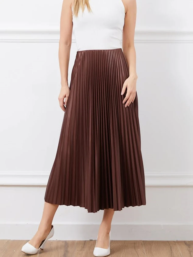 

PB&ZA Women's Brown Pleated Midi Skirt Elegant and Versatile for Work or Casual Wear Perfect for Stylish Outfits