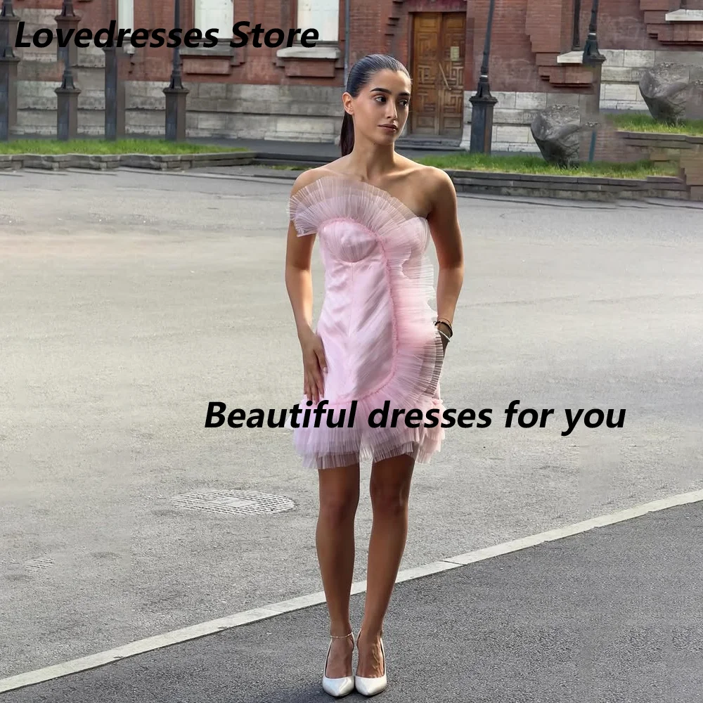 Customized Pink One Shoulder Pleated Mother Of The Bride Gown Tulle Corset Short Bodycon Formal Wedding Evening Mini Dress