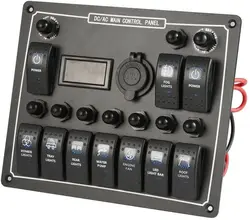 10 Gang Waterproof for Car Auto Boat Marine Yacht RV LED AC/DC Rocker Switch Panel Dual Power Control Overload Protection