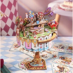 NEW DIY Wooden Model Building Kits Alice's Tea Party Music Box Can Move Princess Adventure 3D Puzzles for Girls Birthday Gifts