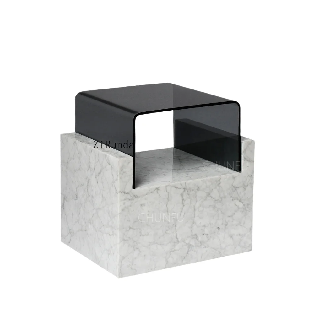 Minimalist living room furniture tempered glass table limestone travertine coffee table marble side table