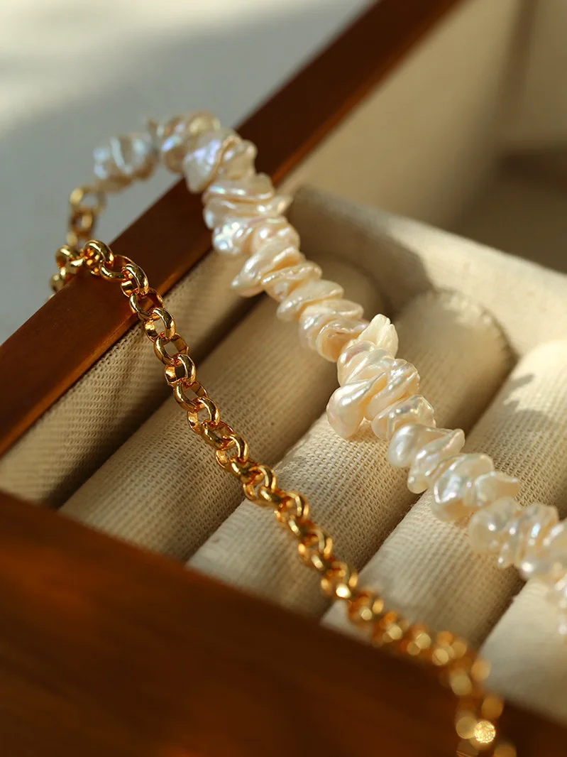Brass With 18k Gold Half Chain Half Baroque Pearl Necklace Women Jewelry Punk Designer Runway Rare Gown Boho Japan Korean