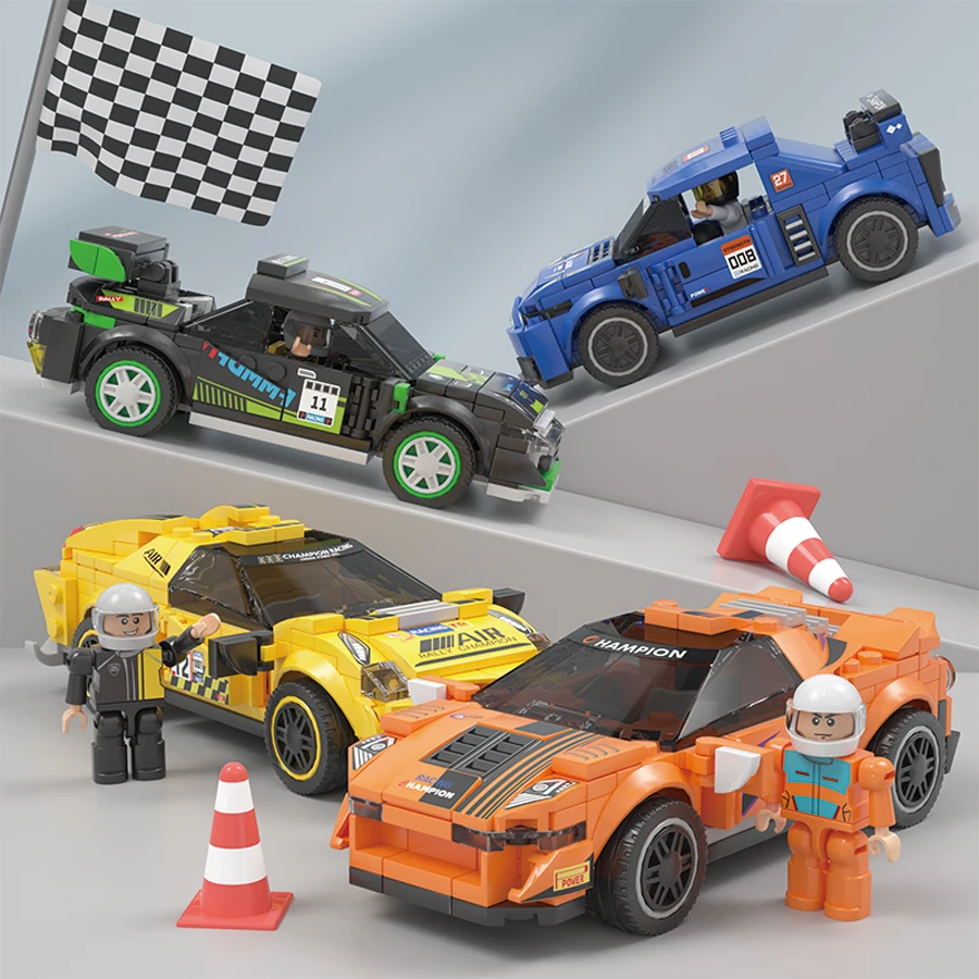 Four models of small particle building block racing cars are given as holiday gifts to friends as gifts